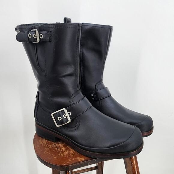 UGG Men's Randell Black Leather‎ Waterproof Motorcycle Boots Size 11.5 - Picture 5 of 13
